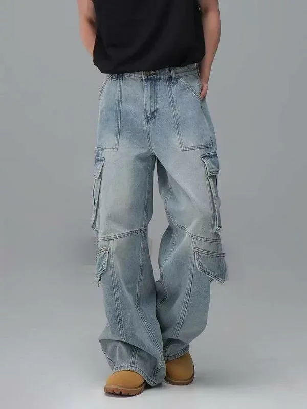 ジーンズ 男性用 水洗い 多ポケット 切り替え デザイン ストリート ゆったり ストレート ロングパンツ 普段使い カジュアル 春秋 ジーパン デニム