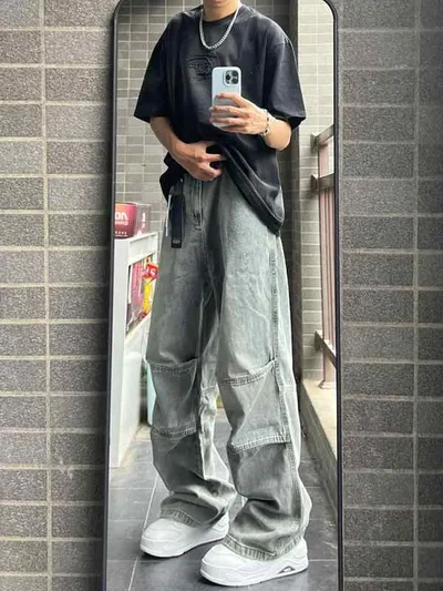 ジーンズ メンズ 男性用 レトロ ウォッシュ加工 デニム ワークパンツ 切り替え プリーツ ストレート ワイドレッグ パンツ カジュアル おしゃれ アメカジ ジーパン