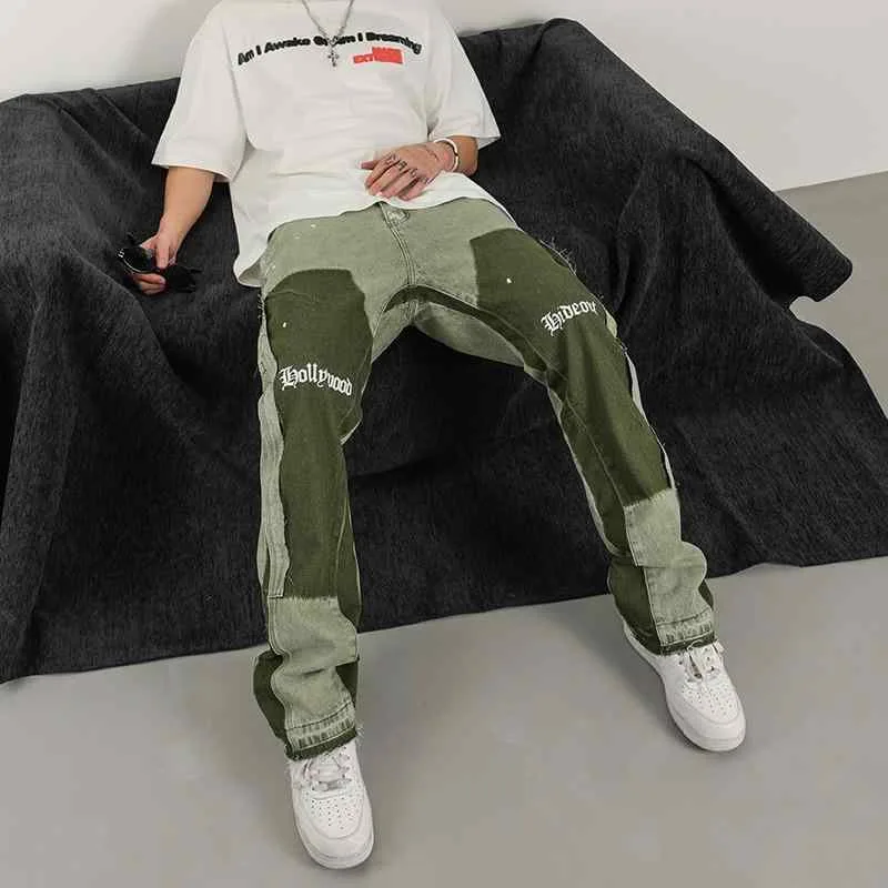 ジーンズ 男性用 ウォッシュ加工 デニムパンツ 切り替え フレアパンツ 高街 カジュアル ヴィンテージ風 アメカジ