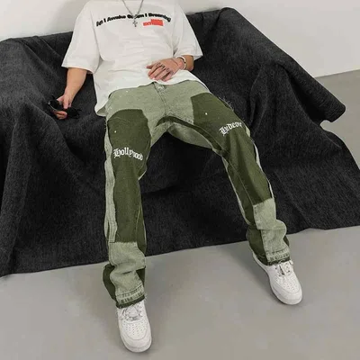 ジーンズ 男性用 ウォッシュ加工 デニムパンツ 切り替え フレアパンツ 高街 カジュアル ヴィンテージ風 アメカジ