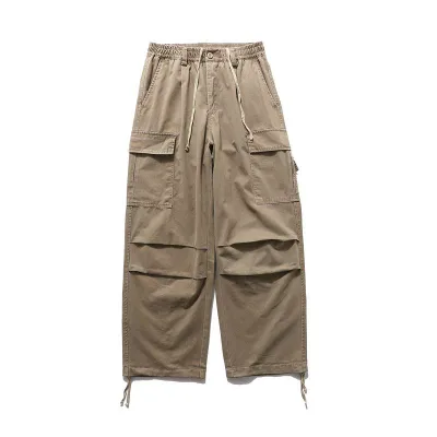 パンツ メンズ カーゴパンツ ワイド レトロ ウォッシュ加工 ドローストリングパンツ ストリート カジュアル カーキ グレー グリーン