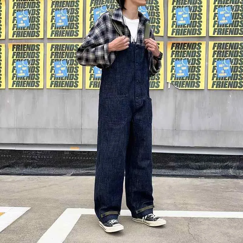 パンツ 男性用 デニム オーバーオール カジュアル ストリート 学院風 レトロ ダメージ加工 ゆったり ブルー