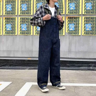パンツ 男性用 デニム オーバーオール カジュアル ストリート 学院風 レトロ ダメージ加工 ゆったり ブルー