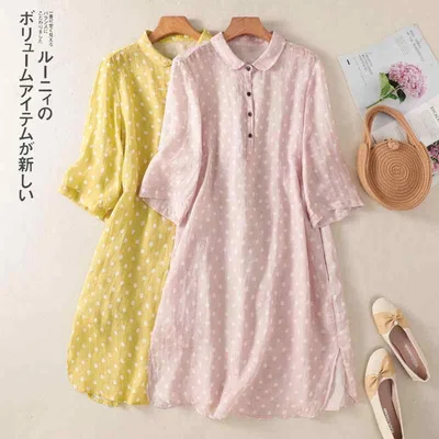 シャツ レディース 春夏 レトロ Aライン 水玉柄 切り替え 5分袖 ミモレ丈 ワンピース ゆったり 普段使い リゾート 旅行 お洒落 黄色 ピンク系