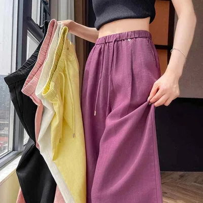 パンツ レディース 麻 リネン ワイドレッグパンツ 薄手 接触冷感 柔らかい 高見え 美脚 ストレート イージーパンツ ロングパンツ 黄色 ホワイト ピンク系 ブラック S M L XL 2XL