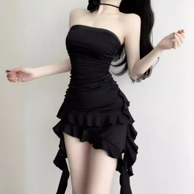 ワンピース レディース 黒 セクシー 体系カバー 無地 ポリエステル チューブトップ ノースリーブ ミニ丈 ショート丈 春夏 クラブ パーティー ドレス