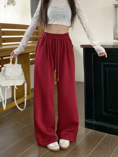 パンツ レディース 高腰 ワイドレッグパンツ ストレートパンツ カジュアルパンツ コットン 秋冬 快適 伸縮性 ゆったり リラックス 普段使い ブルー ブラック レッド グレー
