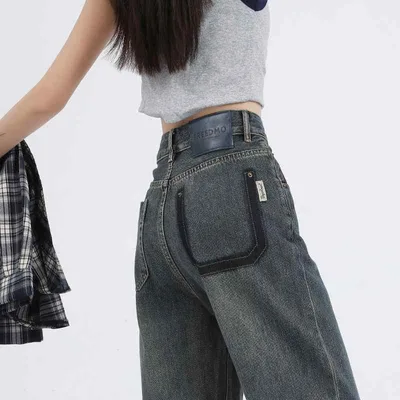 Denim Women's Wide Tall Loose Straight Jeans Trousers Pants Bottoms High Waist Beautiful Legs Long Legs Style Up Casual Korean Fashion