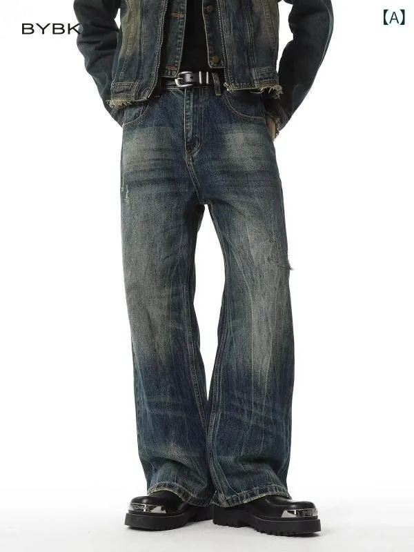 ジーンズ 男性用 春 直筒 手绘 水洗 デニム ルーズフィット ローライズ ジーパン ズボン パンツ ブルー S M L 2XL XL 3XL