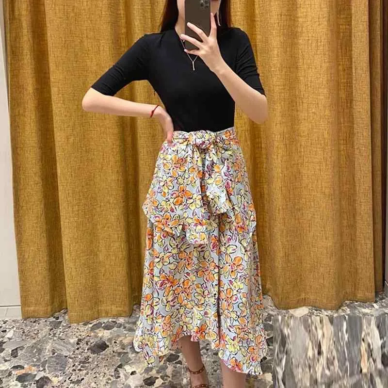 ワンピース レディース 春夏 ドッキング ニット 花柄 切り替え ウエストマーク 着痩せ Vネック 5分袖 ハイウエスト ミディ丈 フレア アシンメトリー エレガント 上品 レーヨン ポリエステル