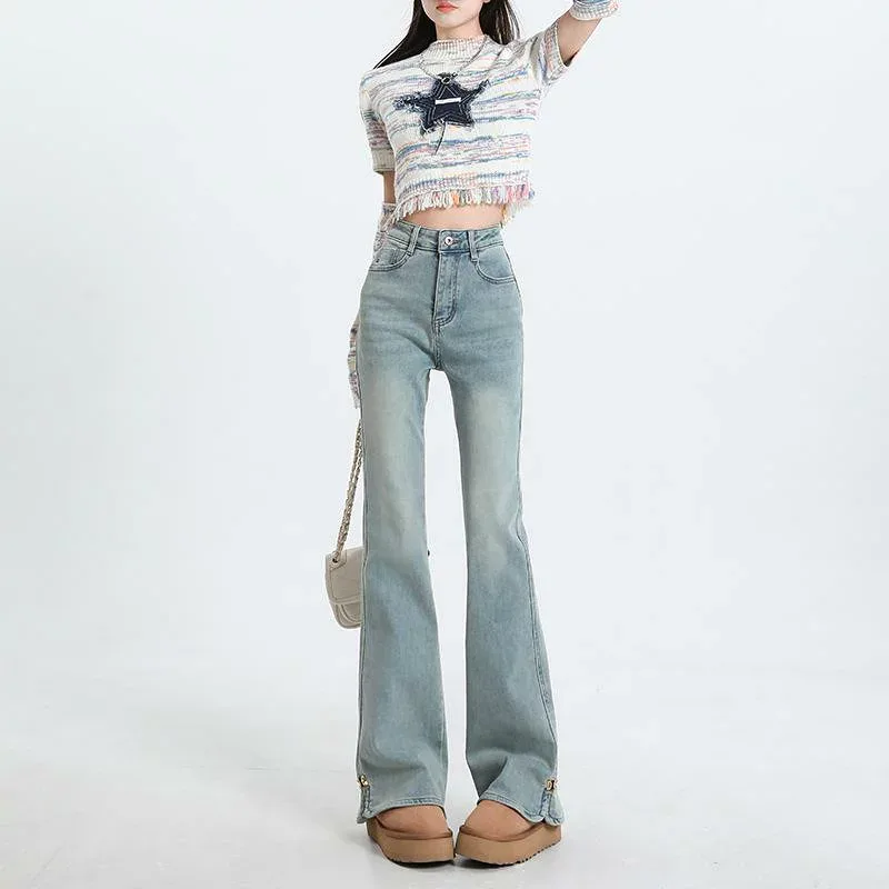 デニムパンツ レディース セミフレアパンツ ハイウエスト スリムフィット 細見え スリット デザイン 淡色 綿 ポリエステル 伸縮性 春 ストリート カジュアル