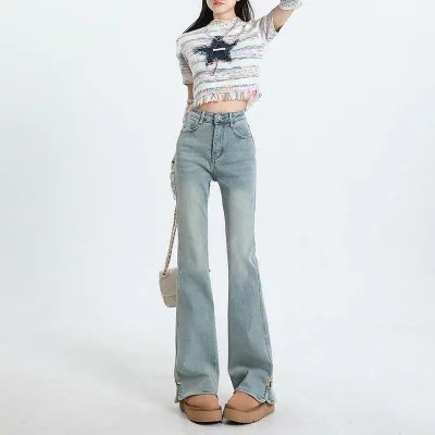 デニムパンツ レディース セミフレアパンツ ハイウエスト スリムフィット 細見え スリット デザイン 淡色 綿 ポリエステル 伸縮性 春 ストリート カジュアル