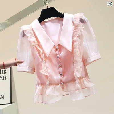 トップス シャツ ブラウス レディース シフォン オーガンジー ショート丈 半袖 フリル フレア 上品 ピンク 白 黒 夏