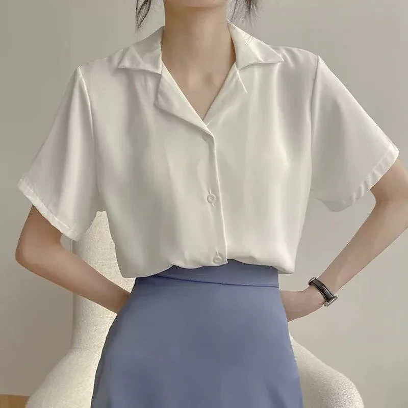 シャツ レディース 韓国風 上品 ゆったり デザイン ポロ襟 シフォン 半袖 白 薄手 トップス 春夏 エレガント ポリエステル 無地 通勤 ビジネス