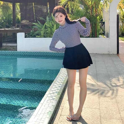 水着 レディース セパレート 千鳥格子 レトロ 長袖 ラッシュガード ハイウエスト 三角パンツ 巻きスカート風 ファスナー付き 体型カバー 温泉 海水浴 リゾート オールシーズン