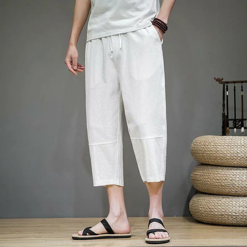 ハーフパンツ メンズ 綿麻 パンツ ワイドパンツ 8分丈 中国風 ゆったり 接触 涼しい 軽量 無地 普段使い カジュアル 大きいサイズ オールシーズン
