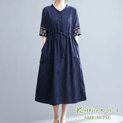 【10offクーポンで2592円】新作ワンピース レディースワンピース 秋シャツワンピース チュニックワンピース リネンワンピース ロングワンピース 綿麻ワンピース コットンワンピース 中袖ワンピース きれいめワンピース Aライン 刺繍 通勤 OL 大人可愛い お出かけ 春夏秋