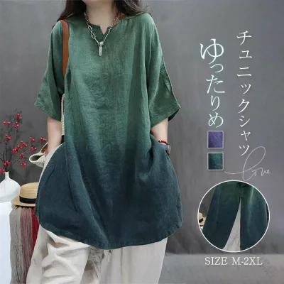 綿麻 コットンリネン チュニック ブラウス 半袖 t シャツ プルオーバー ワンピース レディース ナチュラル 森ガール キレイめ 大きいサ