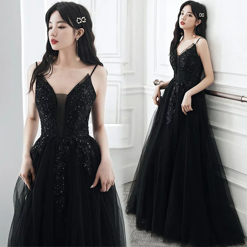 Evening dress black cami dress V-neck sexy long dress black sleeveless recital dress after-party dress party dress A-line invitation dress tulle night dress off-the-shoulder cami dress long length sequins free shipping XS S M L XL XXL XXXL