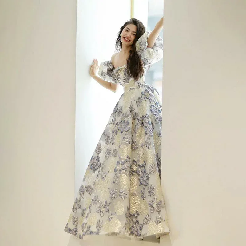 パーティードレス 花柄 イブニングドレス オフショルダー ロングドレス 発表会ドレス オシャレ キレイめ 結婚式ドレス 二次会ドレス ナイトドレス お呼ばれ 同窓会 演奏会 誕生日 プリンセスドレス 肩出し 演奏用のドレス 披露宴 送料無料 XS S M L XL 2XL 3XL