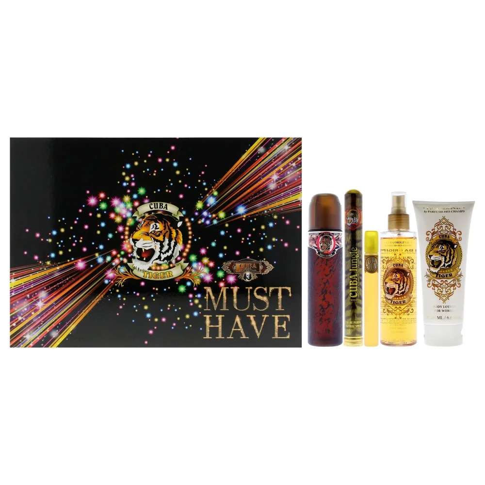 Cuba Cuba Must Have Tiger by Cuba for Women - 5 Pc Gift Set 3.3oz EDP Spray, 1.17oz EDP Spray, 0.5oz EDP Spray, 6.6oz Body Lotion, 6.6oz Body Splash