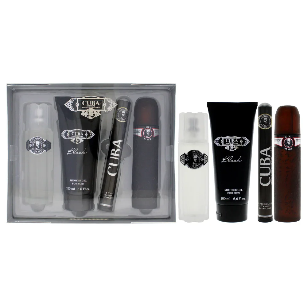 Cuba Cuba Black by Cuba for Men - 4 Pc Gift Set 3.3oz EDT Spray, 1.7oz EDT Spray, 3.3oz After Shave, 6.7oz Shower Gel