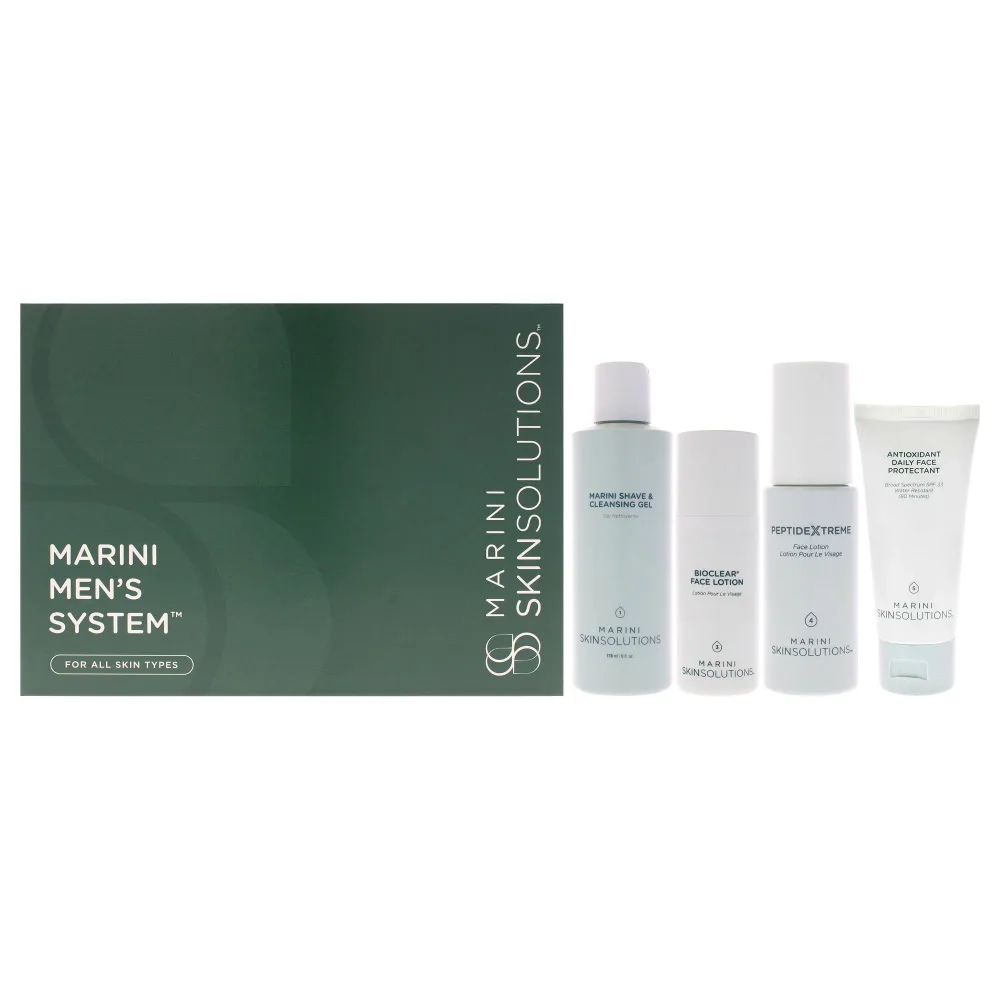 Marini SkinSolutions Marini Men System by Marini SkinSolutions for Men - 4 Pc 6oz Marini Shave And Cleansing Gel, 1oz Bioclear Face Lotion, 1oz Peptide Xtreme Face Lotion, 2oz Antioxidant Daily Face Protectant SPF 33