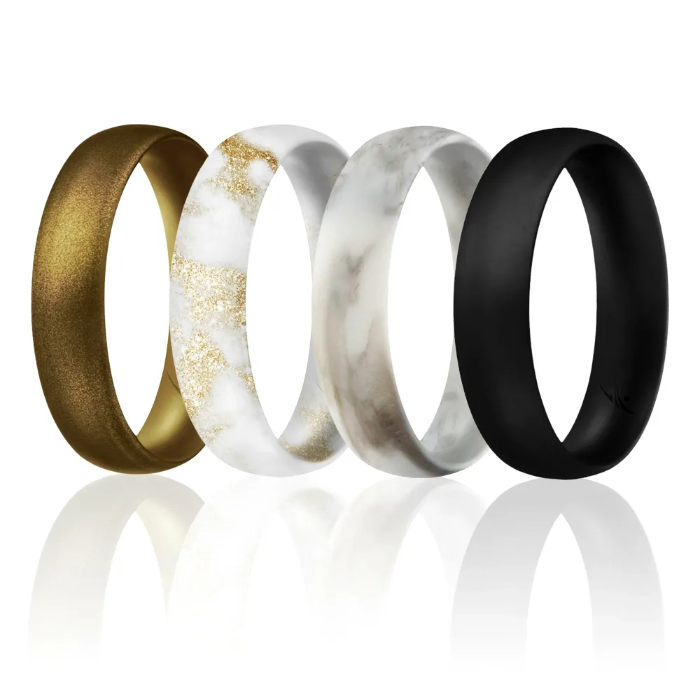 ROQ Silicone Wedding Ring - Dome Style Thin Comfort Fit Set by ROQ for Women - 8 mm Marble White with Black, Marble White with Metal Bronze, Black, Metal Bronze