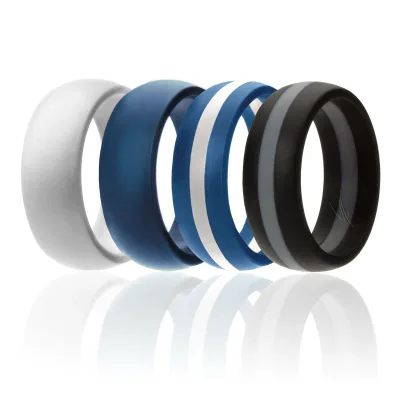ROQ Silicone Wedding Ring - Dome Style with Middle Line Set by ROQ for Men - 4 x 14 mm White, Blue, Blue with White Line, Black with Grey Line