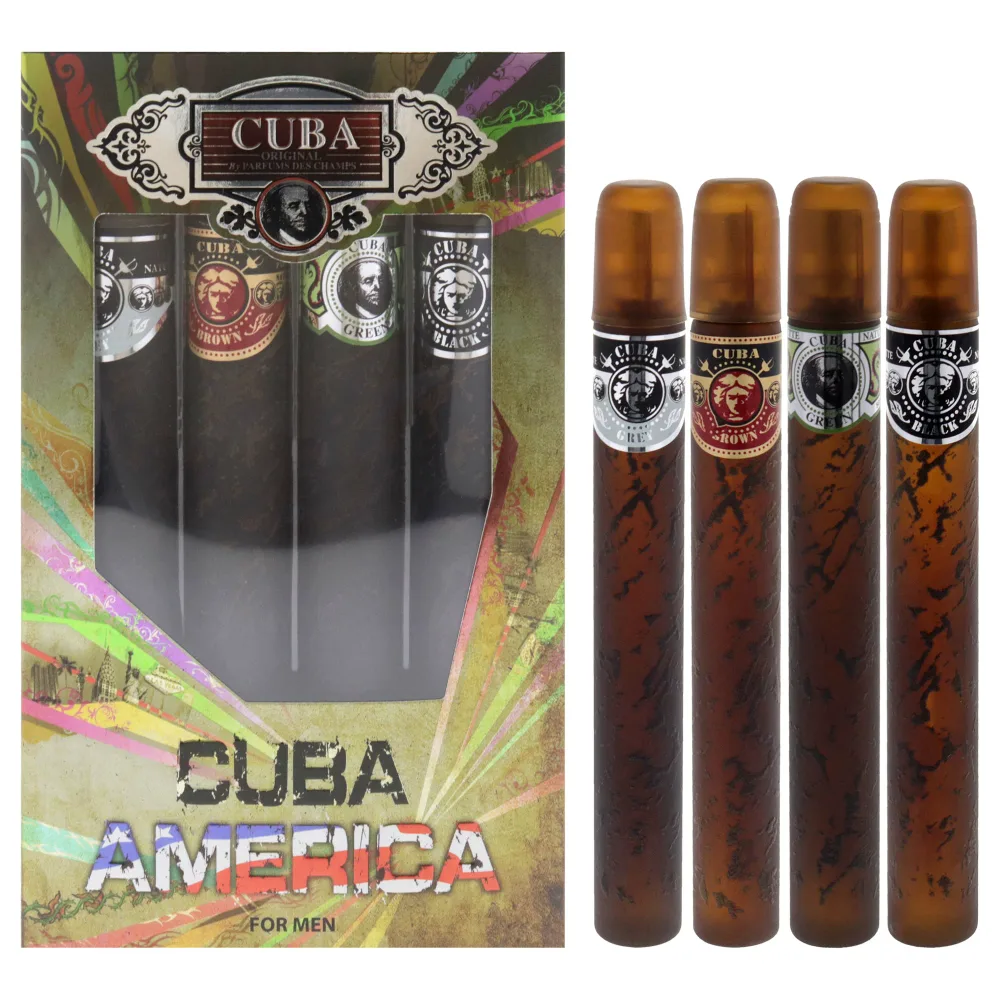 Cuba Cuba America by Cuba for Men - 4 Pc Gift Set 1.17oz EDT Spray Black, 1.17oz EDT Spray Green, 1.17oz EDT Spray Brown, 1.17oz EDT Spray Grey