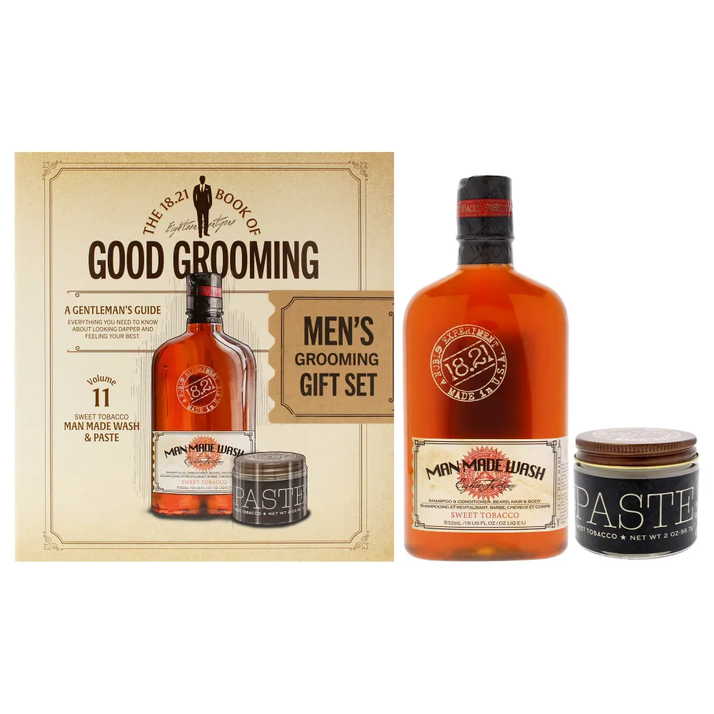 18.21 Man Made Book of Good Grooming Volume 11 Set - Sweet Tobacco by 18.21 Man Made for Men - 2 Pc 18oz Man Made Wash 3-In-1 Shampoo, Conditioner and Body Wash, 2oz Paste
