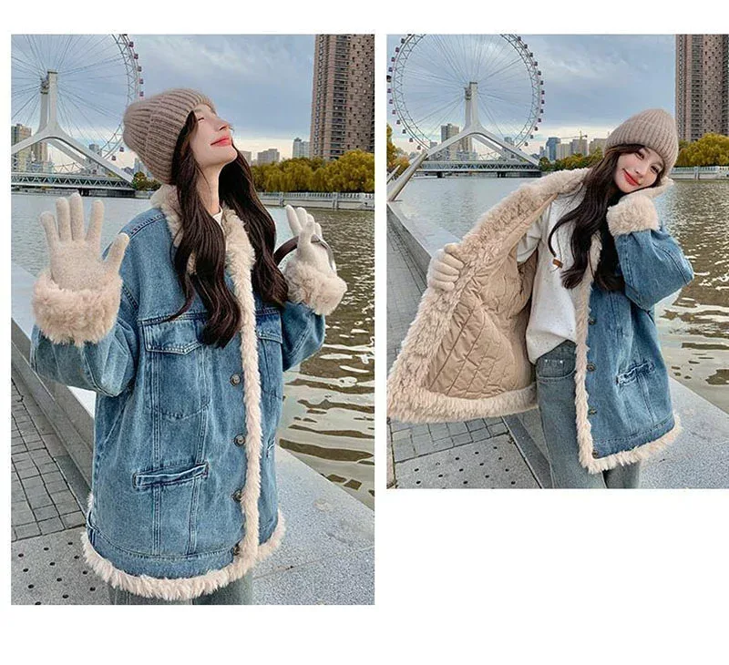 【期間限定!5876円→5523円!11/03まで】もこもこ デニムボアジャケット ダウンコート 裏起毛 デニム コート レディース モコモコ 裏ボア 長袖 アウター コート 厚手 防寒対策 暖かい あったか カジュアル 大きいサイズ 長袖ジャケット Gジャン ボタン ゆったり ルーズ