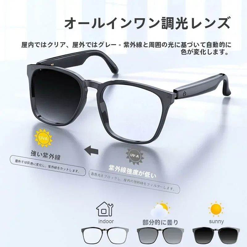 スマートグラス Bluetooth5.3 変色調光サングラス ワイヤレスオーディオ オープンイヤー 内蔵マイク UV400 ブルーライトカット AI 翻訳