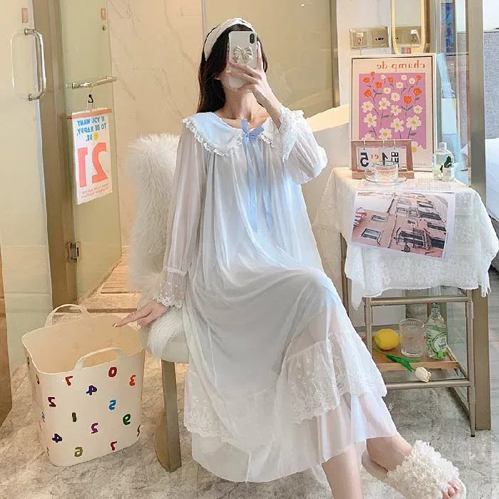 セクシー ネグリジェ ロング 姫 長袖 かわいい ルームウェア ワンピース パジャマ ロングネグリジェ ナイトドレス レディース 夏 レー
