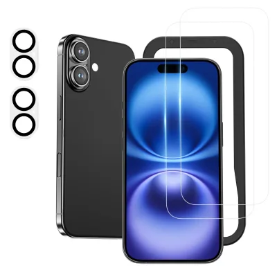 NIMASO ガラスフィルム (2枚) + カメラフィルム (2枚) iPhone 16 用 強化ガラス 保護フィルム ガイド枠付き カメラ保護 レンズカバー 硬度9H 耐衝撃 指紋防止 アイフォン16(6.1インチ)対応 DFP24G1361