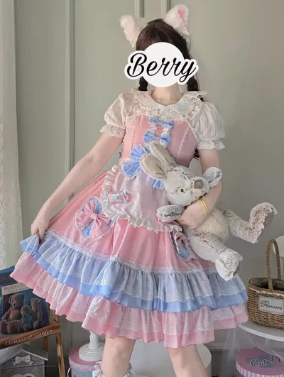 新発/数量限定/Lolita/吊りスカート opワンピース jsk 日常 写真 舞台 変装/ロリータ トップス 萌え レディース ゴスロリ ロリータファッション 変装 トップス 花嫁洋服 ティアードスカート ハロウィン ハロウィーン Halloween ピンク/メイド ブルー