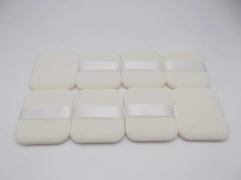 【数量限定・業務用】両面植毛ウレタンパフ(リボン付)8個約54mm x 45mm × 8mm厚(F-344)化粧 メイク ディスポ フロッキー パウダー パフ ルース フェイス 粉 プレスト 化粧用具 OEM 製造 東京パフ