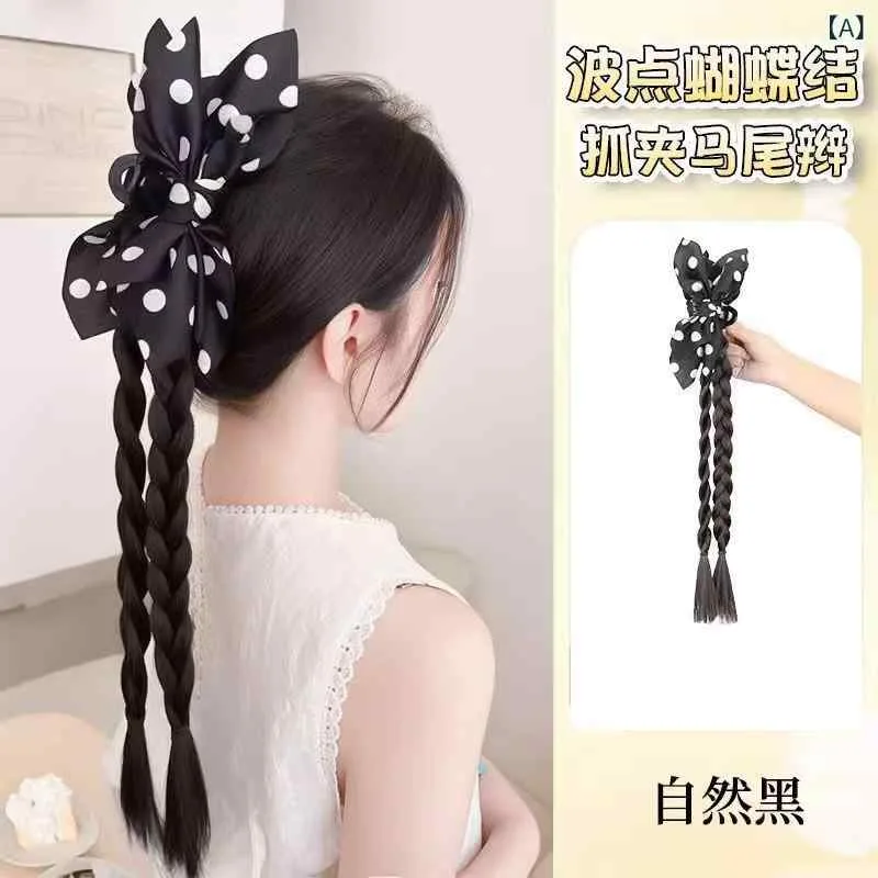 ウィッグ レディース ポニーテール エクステ ドット柄 リボン バレッタ Extensions ナチュラルブラック ダークブラウン ライトブラウン ミディアムブラウン
