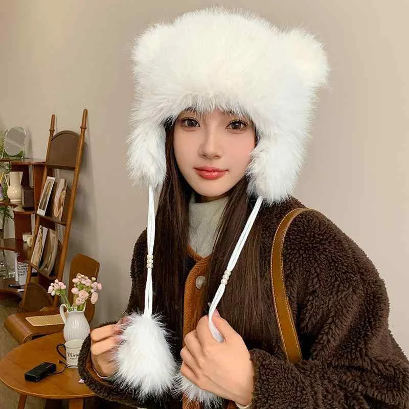 帽子 レディース 秋冬 耳あて付き 雷鋒帽 大頭 かわいい 保温 防風 パール フェイクファー ホワイト ベージュ ブラック