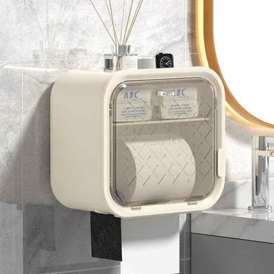 トイレットペーパーホルダー 防水 壁掛け式 2連 穴あけ不要 ペーパータオルホルダー ロールペーパー収納 小物置き棚付き 衛生的 クリームホワイト スカイグレー