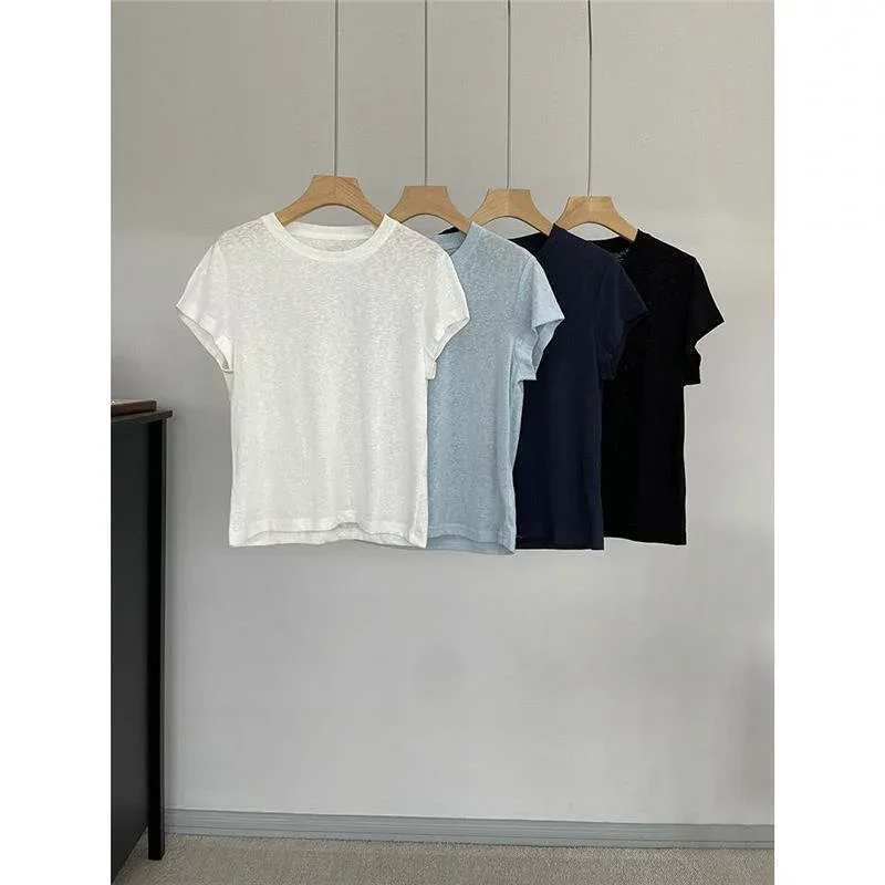 Tシャツ レディース 麻 リネン混紡 半袖 ラウンドネック トップス カットソー Aライン ゆったり 体型カバー カジュアル きれいめ おしゃれ かわいい ホワイト ブラック ブルー