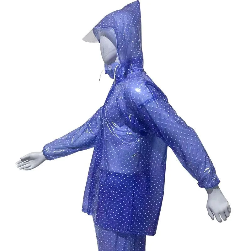 レインコート レディース レインパンツ 上下セット アウトドア 防水 厚手 PVC ブルー ポンチョ 波ドット柄