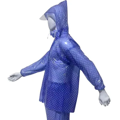レインコート レディース レインパンツ 上下セット アウトドア 防水 厚手 PVC ブルー ポンチョ 波ドット柄