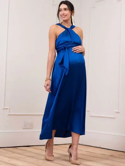 ワンピース マタニティ レディース Vネック ノースリーブ 妊婦服 Aライン ロング丈 伸縮性 ポリエステル ブルー 無地 春夏 授乳服