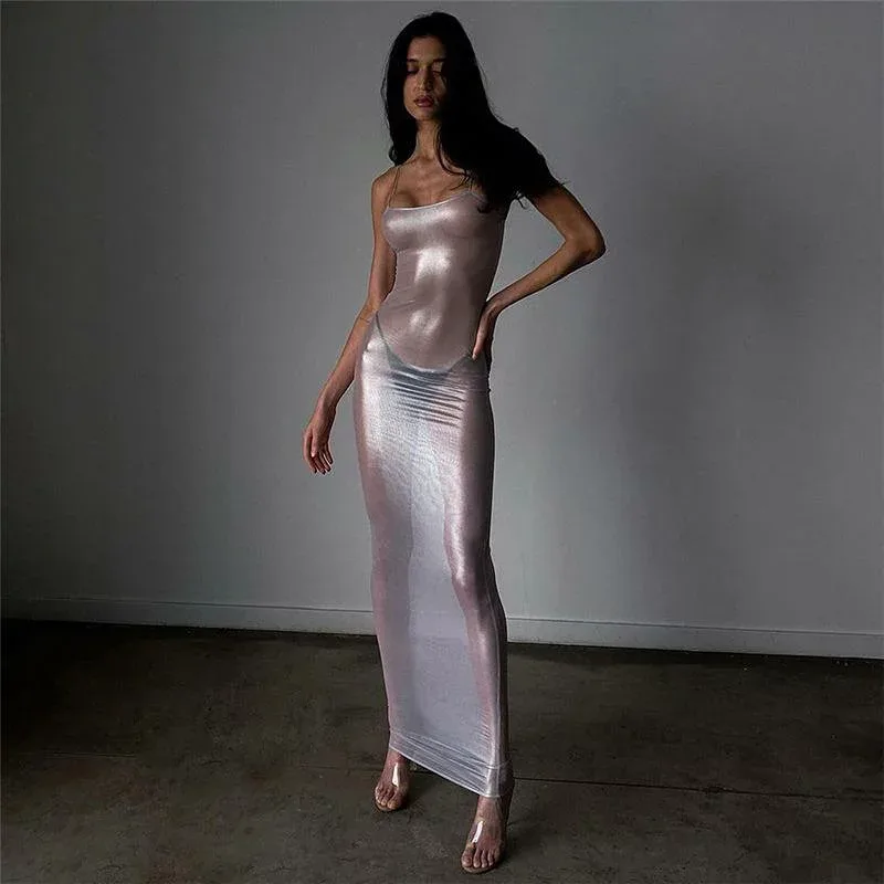 ワンピース レディース 春夏 ノースリーブ ロング丈 チュール シースルー パーティードレス ナイトドレス シルバー 高腰 タイト セクシー クラブ 普段使い