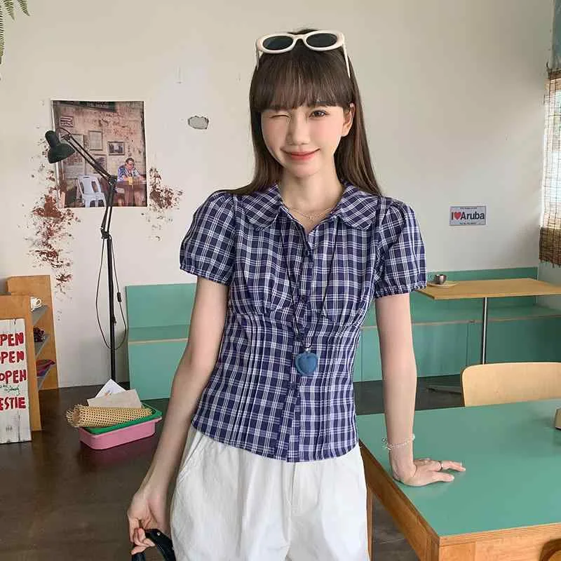 シャツ レディース ブルー 格子柄 襟付き ブラウス 麻 リネン 接触冷感 吸湿速乾