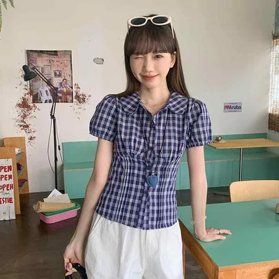 シャツ レディース ブルー 格子柄 襟付き ブラウス 麻 リネン 接触冷感 吸湿速乾
