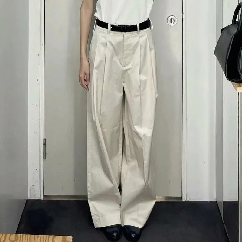 レディース ワイドパンツ コットン 素材 高腰 プリーツ 切り替え ストレート シルエット ミッドウェイト クリームカラー 通勤 スタイル 都市 カジュアル ロング丈 ゆったり フィット 軽量 快適 普段使い セットアップ コーデ ベーシック アイテム