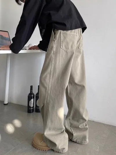 メンズ ワイドパンツ ビンテージ デニム コットン 加工 グリーン ミッドライズ ストレートレッグ ストレッチ 春秋 春夏 秋冬 カジュアル 普段使い 軽量 ミリタリー ストリート ルーズフィット 長ズボン トップス トップスコーデ デイリーウェア