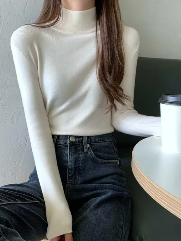 セーター 女性用 秋冬 長袖 半高領 ニットトップス 修身 セットインスリーブ 接触冷感 吸湿速乾 純色 ホワイト ブラック ベージュ ブルー 韓系 洗練 単品 軽量 伸縮性 通勤 普段使い 部屋着